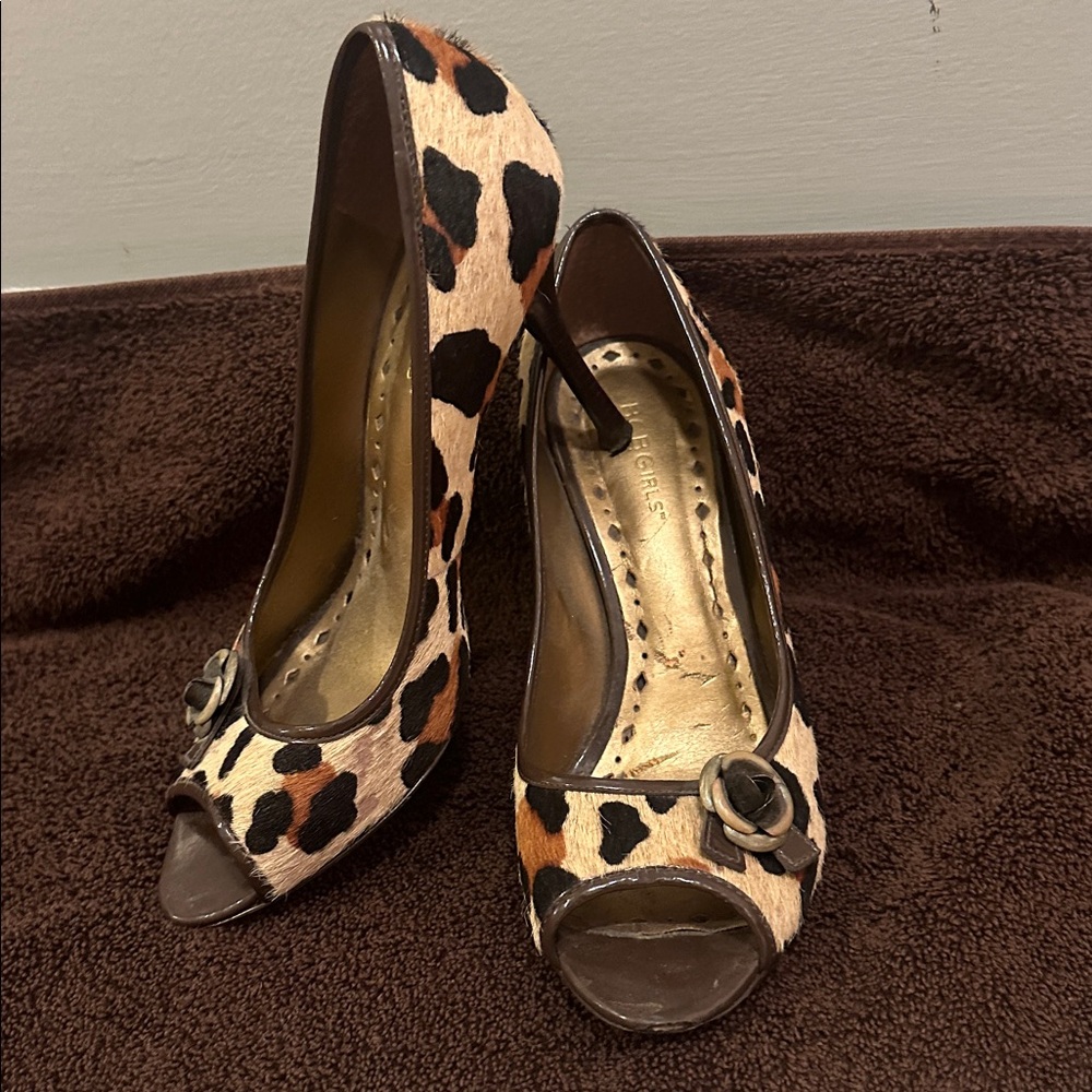 BCBGirls Leopard Print Peep Toe Heels with Floral Accent